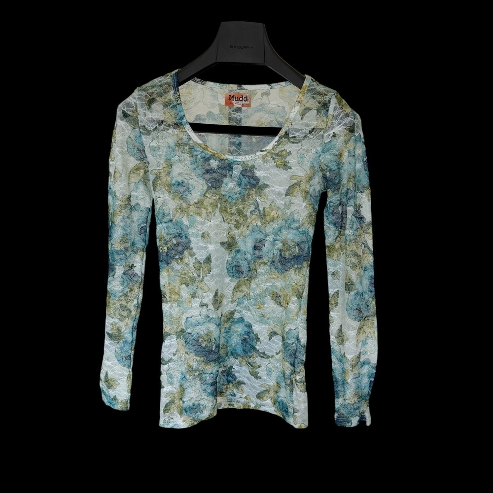 Y2K Mudd Blue Green Floral Lace Long Sleeve Top Scoop Neck Size Small JKM31001PR